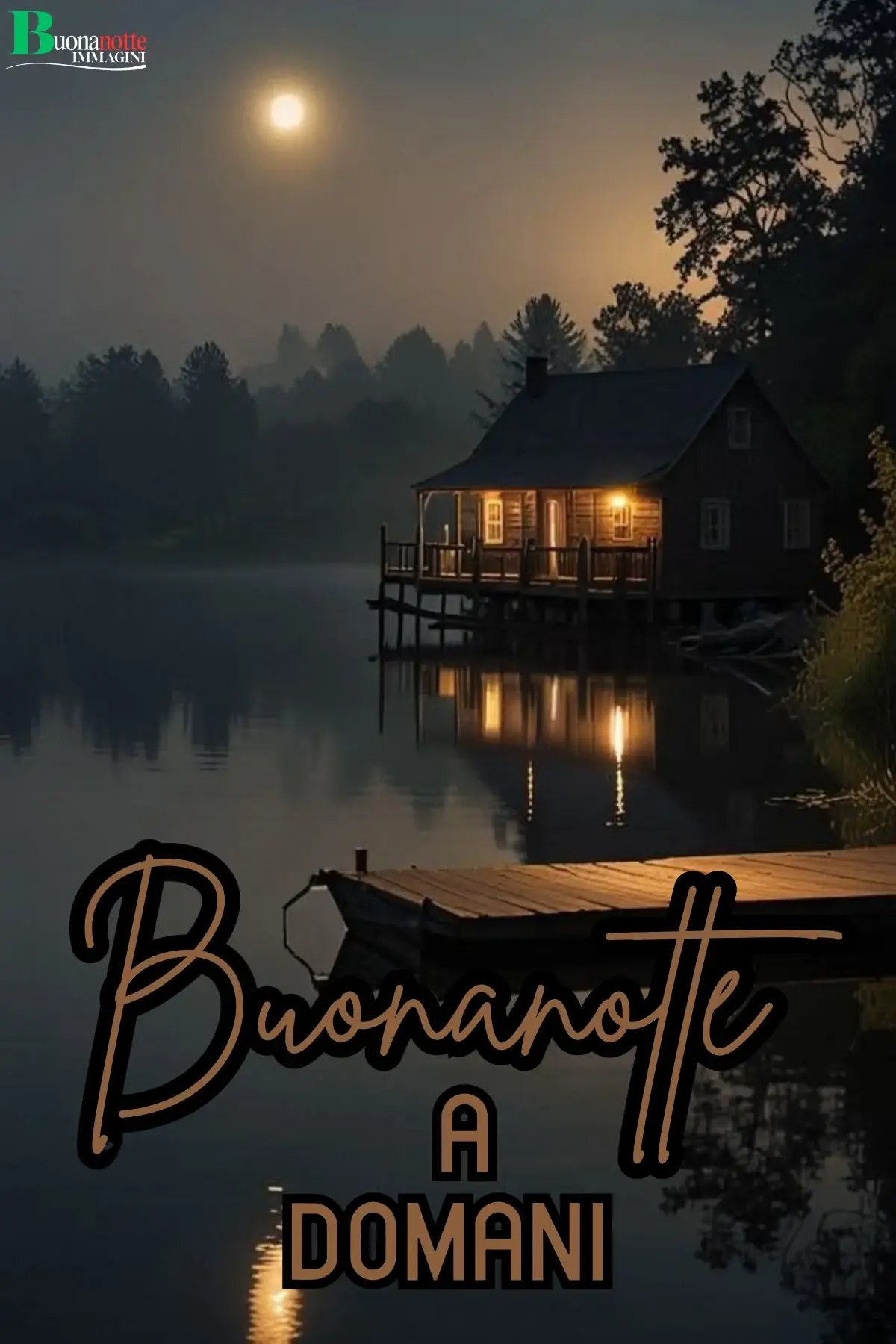 Baita illuminata sul lago nella nebbia notturna buonanotte a domani