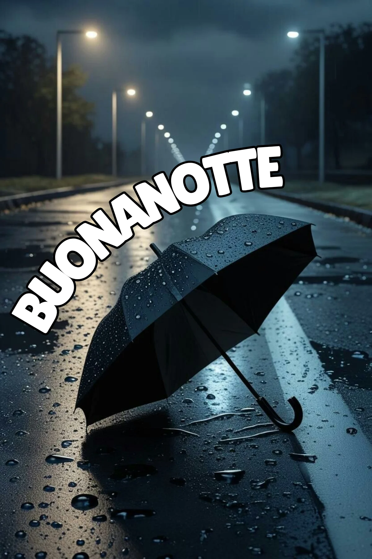 Ombrello nero su strada bagnata di notte con lampioni immagine buonanotte