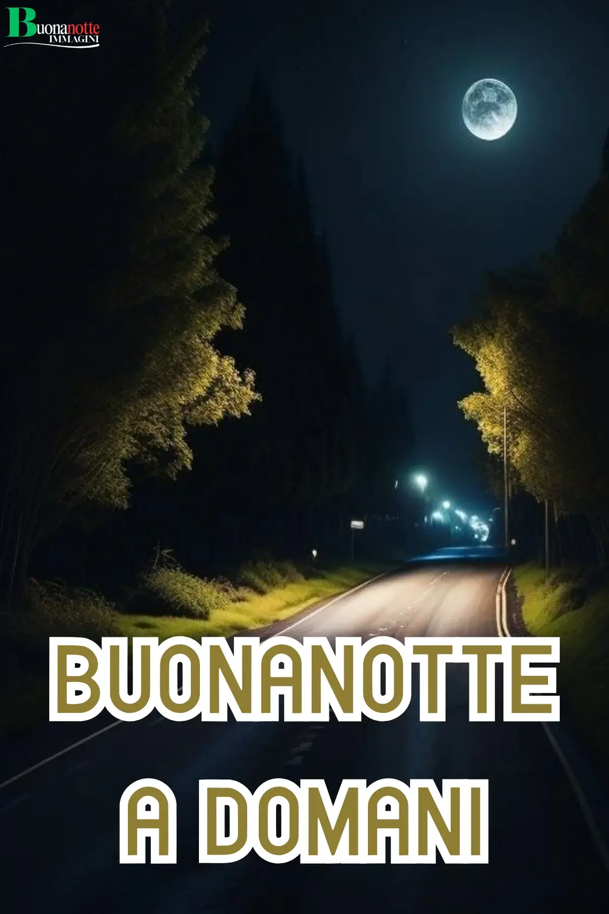 Strada notturna con luna piena tra cipressi buonanotte a domani