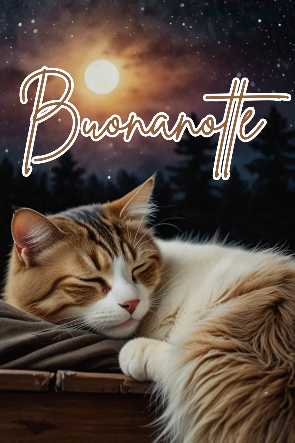 Gatto tigrato addormentato sotto luna piena cielo stellato buonanotte