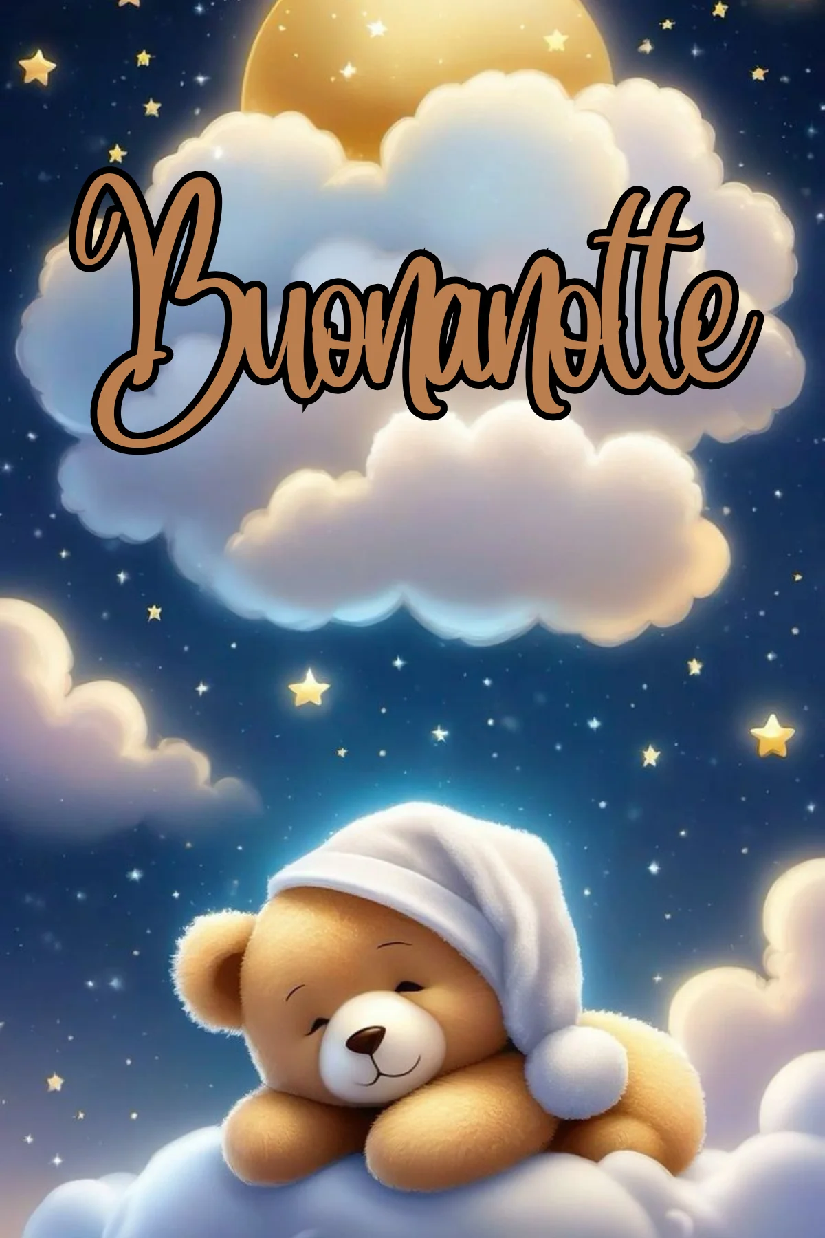 Orsacchiotto con berretto che dorme su nuvola sotto luna stellata immagini buonanotte nuove