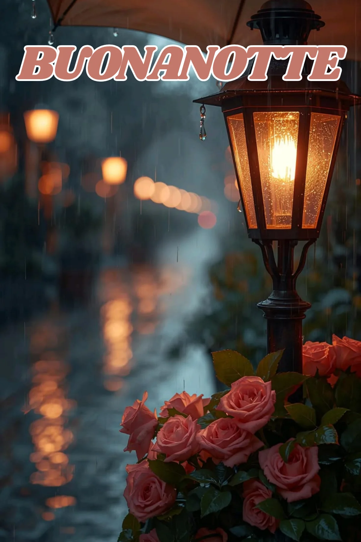 Lanterna illuminata sotto la pioggia con rose rosa immagine buonanotte