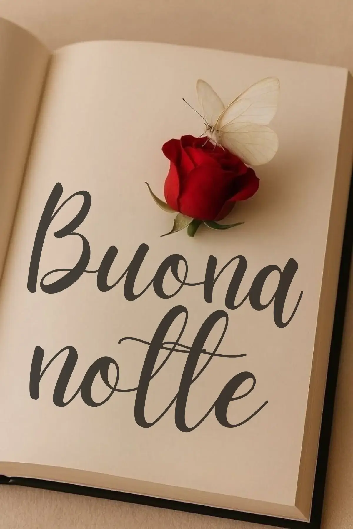 Libro aperto con rosa rossa e farfalla bianca immagine buonanotte